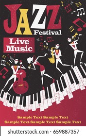 Retro styled Jazz festival Poster featuring an Abstract style illustration of a vibrant Jazz band and super cool lead singer who is striking a pose and playing a musical performance live on stage.