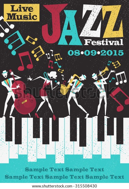Retro styled Jazz festival Poster featuring an\
Abstract style illustration of a vibrant Jazz band and cool lead\
singer who is striking a stylish pose and playing a musical\
performance live on\
stage.