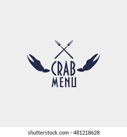 Retro styled label with crab claws and two crab forks could be used as seafood restaurant menu cover template, crab festival menu element, etc.