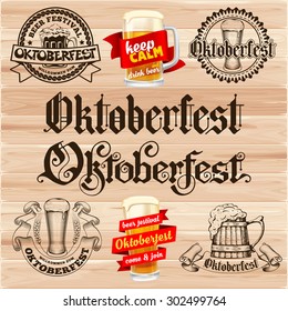 Retro styled labels set with beer mug and the text "Beer festival Oktoberfest" on wooden background. Vector illustration.