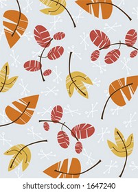 Retro styled leaf pattern with snowflakes in the background.