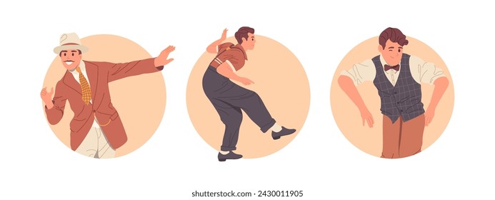 Retro styled man character dancing step, twist, swing or charleston at traditional funky disco party