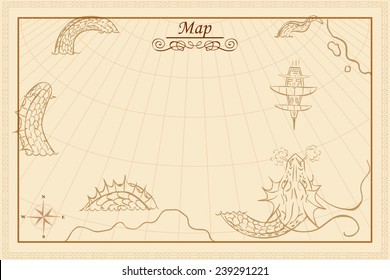 Retro styled map of the sea with dragon and ship. Vector design for app user interface