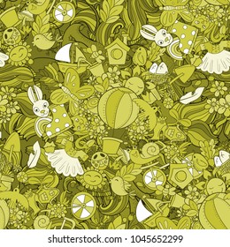 Retro styled monohrome hand drawn background. Spring symbols and objects on colorful seamless pattern. Hand drawn doodles balloon, bird, boots, umbrella, watering can, leaves, branches, shoes, dress