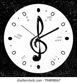 Retro styled, musical treble clef with notes, clock concept with black background, vector illustration