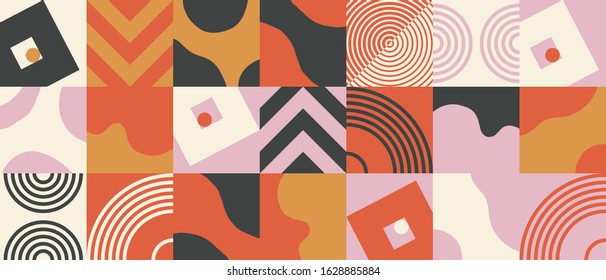 Retro styled pattern artwork made with simple geometrical forms, shapes and elements. Abstract vector composition, useful for backgrounds, poster design, fabric prints, invitation letters.