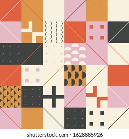 Retro styled pattern artwork made with simple geometrical forms, shapes and elements. Abstract vector composition, useful for backgrounds, poster design, fabric prints, invitation letters.