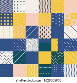 Retro styled pattern artwork made with simple geometrical forms, shapes and elements. Abstract vector composition, useful for backgrounds, poster design, fabric prints, invitation letters.