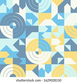 Retro styled pattern artwork made with simple geometrical forms, shapes and elements. Abstract vector composition, useful for backgrounds, poster design, fabric prints, invitation letters.