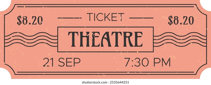 Retro styled pink theater ticket with a price of 8.20, scheduled for september 21st at 7,30 pm, evoking nostalgia and entertainment