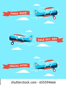 Retro styled plane with the ribbon. Flat design illustration. Perfect for web banners and advertisement. Sales concept.