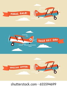 Retro styled plane with the ribbon. Flat design illustration. Perfect for web banners and advertisement. Sales concept.
