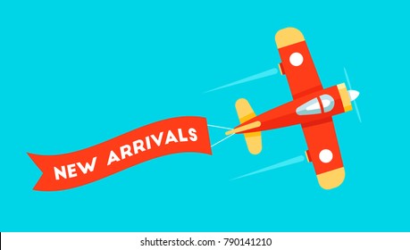 Retro styled plane with the ribbon. Flat design illustration. Perfect for web banners and advertisement. New arrivals and new collection concept perfect for sales boost. 