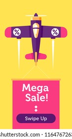 Retro styled plane with the ribbon and promo text mega, super sale. Template for business stories in social media.\. Flat design illustration. Perfect for web banners and advertisement. 