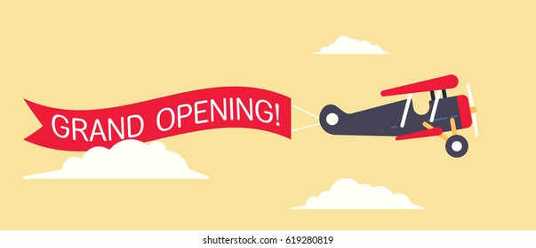 Retro styled plane with the ribbon and text grand opening . Flat design illustration. Perfect for web banners and advertisement. 