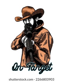 Retro styled portrait design of a cowboy holding his firearm.