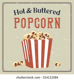 Retro styled poster with buttered popcorn in a bag