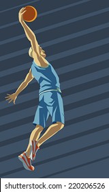 Retro styled poster design of a basketball player on striped background. Editable vector illustration.