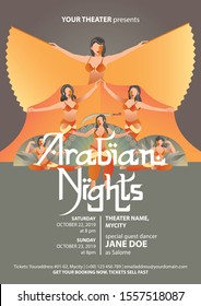 Retro styled poster template for belly dance show with five belly dancers in gold colored costumes on grey background and prominent performance title