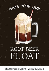 Retro Styled Root Beer Float Illustration Poster, Make Your Own Root Beer Float Text with Foaming Ice Cream Mug