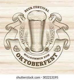 Retro styled rubber stamp with beer mug and the text "Beer festival Oktoberfest" on wooden background. Vector illustration.