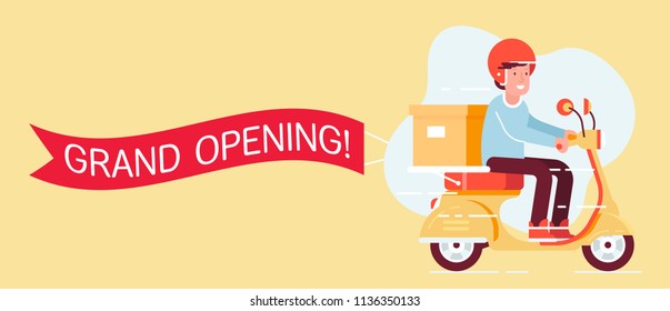 Retro styled scooter with the man in the helmet and present box with the ribbon and text grand opening. Flat design illustration. Perfect for web banners and advertisement. 