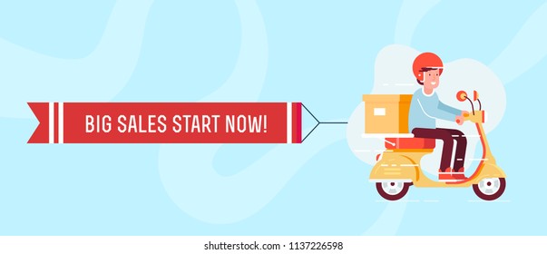 Retro styled scooter with the man in the helmet and present box with the ribbon and text new arrival. Flat design illustration. Perfect for web banners and advertisement. 