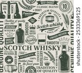 Retro styled scotch whisky seamless pattern or background. Scotch whisky icons, branding and identity design elements