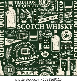 Retro estilo uísque scotch sem costura padrão ou fundo. Ícones de uísque escocês, elementos de marca e design de identidade