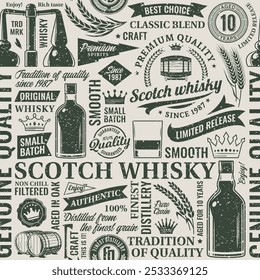 Retro estilo uísque scotch sem costura padrão ou fundo. Ícones de uísque escocês, elementos de marca e design de identidade