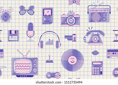 Retro styled seamless pattern or background. Collection of old mass media goods and hipster stuff. Hand drawn scribbles in school checkered notebook. Blue pen drawing for web, covers, banners, cards