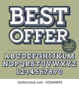 Conjunto retro de letras alfabéticas, números y símbolos de puntuación. Signo de vintage con texto Mejor oferta