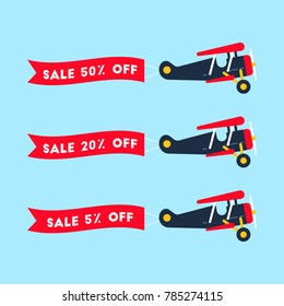 Retro styled set of planes with the ribbon. Flat design illustration. Perfect for web banners and advertisement. Sales concept.