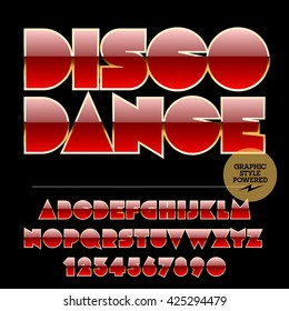 Retro styled set of red and golden alphabet letters, numbers and punctuation symbols. Vector logotype with text Disco dance