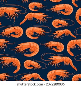 Retro styled shrimps seamless pattern, seafood background, prawn illustrations