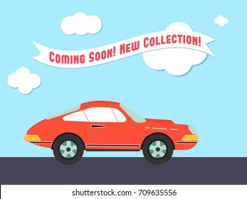 Retro styled sport car with the promo advertisement retro ribbon. Flat design illustration. Perfect for web banners and advertisement. 