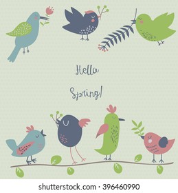 Retro styled spring illustration with seven cute birds hanging spring flowers