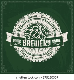 retro styled sticker of beer or distillery on a green chalkboard excellent as a pattern of publicity classical real texture bar black sign green luxurious imprint classic flag printing stained signatu