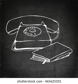 Retro styled telephone and address book. Hand drawn vector stock illustration. Chalk board drawing.