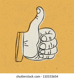 Retro styled thumb up symbol on yellow textured background. Vector illustration, EPS10