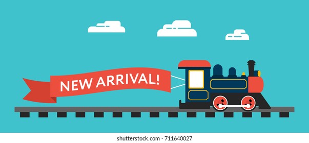 Retro styled train with the ribbon on railway. Flat design illustration. Perfect for web banners and advertisement. New Arrivals promo banner.