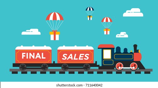 Retro styled train with the ribbon on railway. Flat design illustration. Perfect for web banners and advertisement. Final sales promo banner