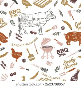 Retro styled typographic vector barbecue seamless summer  brown pattern or background. BBQ, meat, vegetables, beer, wine and equipment icons for cafe, bar and restaurant menu, branding and identity