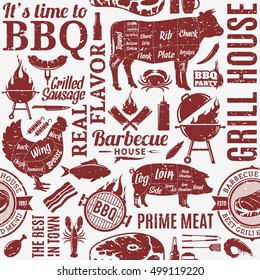 Retro styled typographic vector barbecue seamless pattern or background. BBQ, meat, vegetables, beer, wine and equipment icons