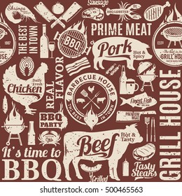 Retro styled typographic vector barbecue seamless pattern or background. BBQ, meat, vegetables, beer, wine and equipment icons