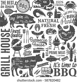 Retro styled typographic vector barbecue seamless pattern or background.