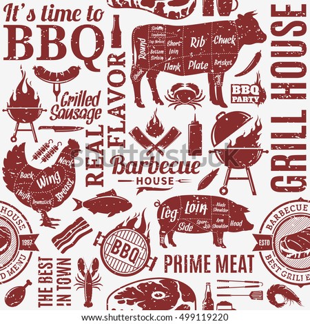 Retro styled typographic vector barbecue seamless pattern or background. BBQ, meat, vegetables, beer, wine and equipment icons