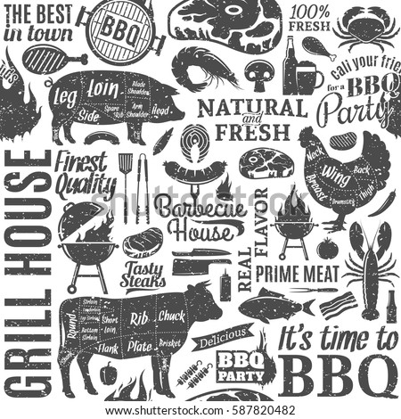 Retro styled typographic vector barbecue seamless pattern or background.