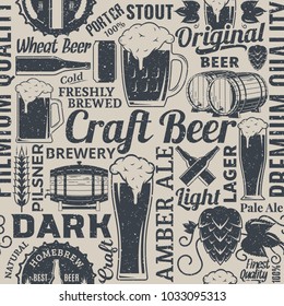 Retro styled typographic vector beer seamless pattern or background.