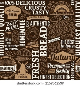 Retro styled typographic vector bread and bakery seamless pattern or background. Bread and bakery illustrations, vector food icons for baked goods randing and identity